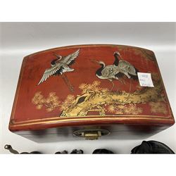 Red lacquer box decorated with cranes, butterflies, flowers etc in gilt, with twin handles, pair of hallmarked silver oddments with foliate pattern, quantity of costume jewellery, silver-plated cutlery, Hindu Deity figure and laughing Buddha figure, etc