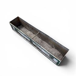 Early Victorian lead-fronted window box planter, of rectangular form with moulded borders and three applied flowerhead roundels, in distressed green finish