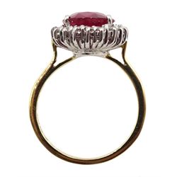 18ct gold ruby and diamond cluster ring, hallmarked, ruby 3.85 carat