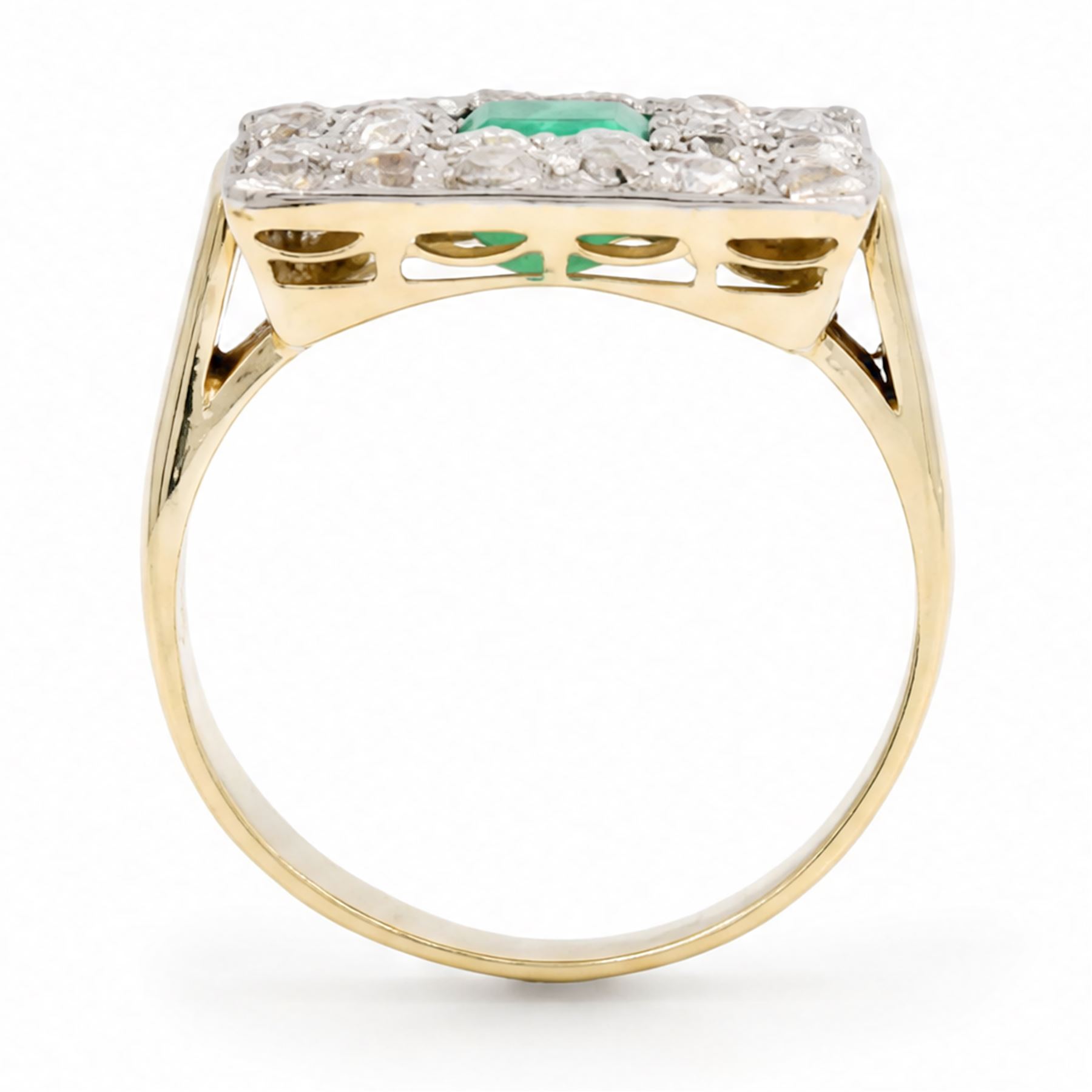 18ct gold emerald and diamond cluster ring, single octagonal cut emerald of approx 0.60 carat, surrounded by two rows of round cut diamonds in a square setting, total diamond weight approx 1.10 carat 