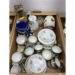 Group of assorted ceramics and glass, to include Wedgwood Jasperware spill vase, Royal Doulton Porthos character mug, Sowerby blue milk glass basket weave plate, various teawares, and other decorative ceramics, in three boxes