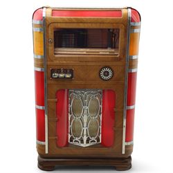 Rudolf Wurlitzer Company - Model 616 'Simplex' 1937 jukebox, figured walnut veneered cabinet with illuminated red and amber side panels enclosed by chromed uprights, glazed upper record compartment, cast Art Deco speaker grille, coin-operated push-button selection panel with circular title index, raised on a moulded base