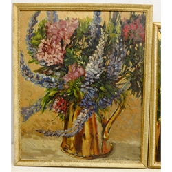  Donald Gray Midgely (British 1918-1995): Still Life of Lupins in a Copper Jug, oil on board signed 44cm x 36cm Continental Street French/Italian border, oil on board signed 40cm x 50cm (2) Provenance: direct from the family Midgley was born in Halifax, moved to Whitby after his mother Lottie died. Lived at 2 Salt Pan Steps   