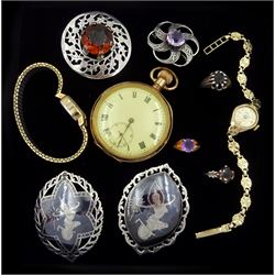 9ct gold single stone amethyst ring, 9ct gold Accurist ladies manual wind bracelet wristwatch, Scottish silver amethyst brooch by John Hart, Edinburgh 1965, one other stone set brooch by Ward Brothers, silver rings, Siam silver brooches, all stamped or hallmarked, Rotary gilt wristwatch and and a gold-plated lever pocket watch
