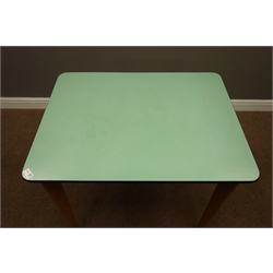  1950s/60s 'Remploy' table, rectangular light green laminate top, on tapered beech supports (81cm x 61cm, H75cm), and a similar period chair  