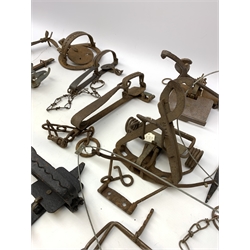 Ten animal traps and snares including Imbra, 'The Juby Trap', H. Lane gin trap, Pole Trap, mole trap, The Lewis Rabbit Snare, Canadian Oneida Victor, one labelled Leo Kleffner Townsend Mt. etc. Auctioneer's Note: These traps are sold as artefacts for ornamental purposes only as the use of some of them is illegal.