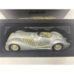 Two Corgi DC Comics die-cast Batmobiles comprising 1:18 scale die-cast Limited Edition Pre-Production Raw Metal Casting 1940 Batmobile Roadster no. 184/300, and 1:24 scale die-cast Limited Edition Raw Metal Casting 1960 Batmobile no. 858/1000, both with original boxes and certificates of authenticity 