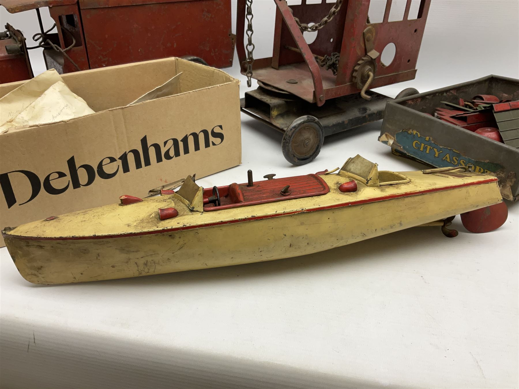 Hornby Racer 3 speedboat L45cm; pre-war Tri-ang sheet steel lorry and mobile crane; quantity of lead soldiers by Johillco etc; Tri-ang Minic clockwork Royal Mail Van; and part set of tin-plate construction pieces; all unboxed