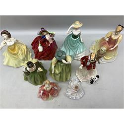 Nine Royal Doulton figures, to include Sarah HN3380, Emily HN4093, Autumn Breeze HN1934, Sarah HN3384, Fleur HN2368 etc  