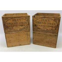 Four vintage Eley cartridge wooden crates each with stencilled decoration 35 x 24 x 23cm; now containing old used metal cartridges and caps etc (4)