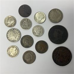 Coins, tokens, paranumismatic and miscellaneous items, including United States of America 1850 one cent, 1877 one dime, 1884 five cents, 1926 Liberty dime etc, Queen Victoria New Brunswick 1843 one penny token, East India Company 1845 half anna, Chinese cash coins, Grand Lodge of Maryland November 16th 1886 Centennial Session medallion etc