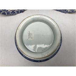 Early 19th century tazza in the 'Hospitality/Benevolent Cottagers' pattern together with two Delfts plates