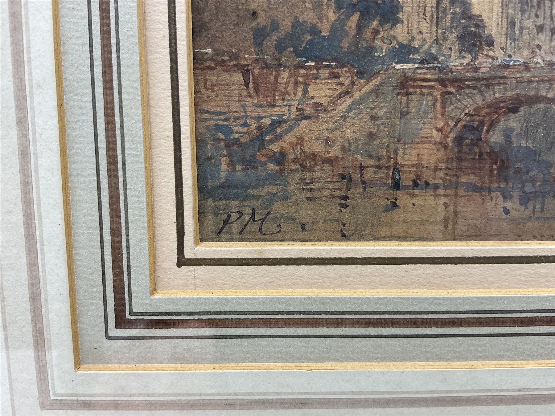 Paul Marny (French/British 1829-1914): 'Chatèlet Gaie and Pump St Michel - Old Paris', pair watercolours signed with initials, titled on the mounts 11.5cm x 19cm (2) 
Provenance: with Richard Hagen, Broadway, Worcestershire, label verso