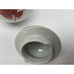 Herend Chinese Bouquet Rose pattern tea service comprising teapot, coffee pot, open sucrier, six cups and saucers, six tea plates, cream jug and stand, milk jug, two teabag holders, preserve pot, two leaf shaped dishes, four egg cups, salt & pepper pots, pair side plates and another plate