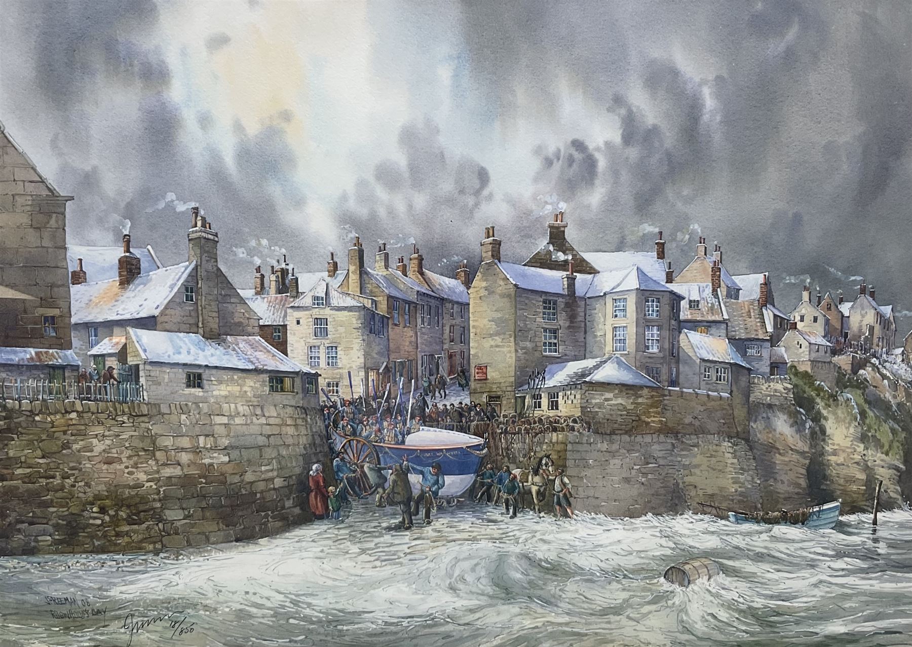 John Freeman (British 1942-): 'The Rescue' - the launch of the Whitby Lifeboat the Robert Whitworth at Robin Hoods Bay Jan. 1881,  limited edition colour print signed and numbered 18/850, 37cm x 54cm