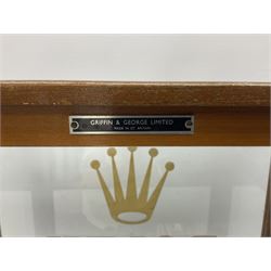Oak Rolex countertop display advertising cabinet, the glazed body with gilt 'Rolex Wrist Watches' lettering and motif and back opening door, H36cm, W42cm, D19cm