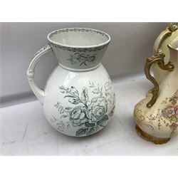 Fieldings Crown Devon Windsor pattern wash jug and bowl, together with two blush ivory ewers and other Victorian ceramics to include twin handled vase of flattened form and jug, tallest H36cm