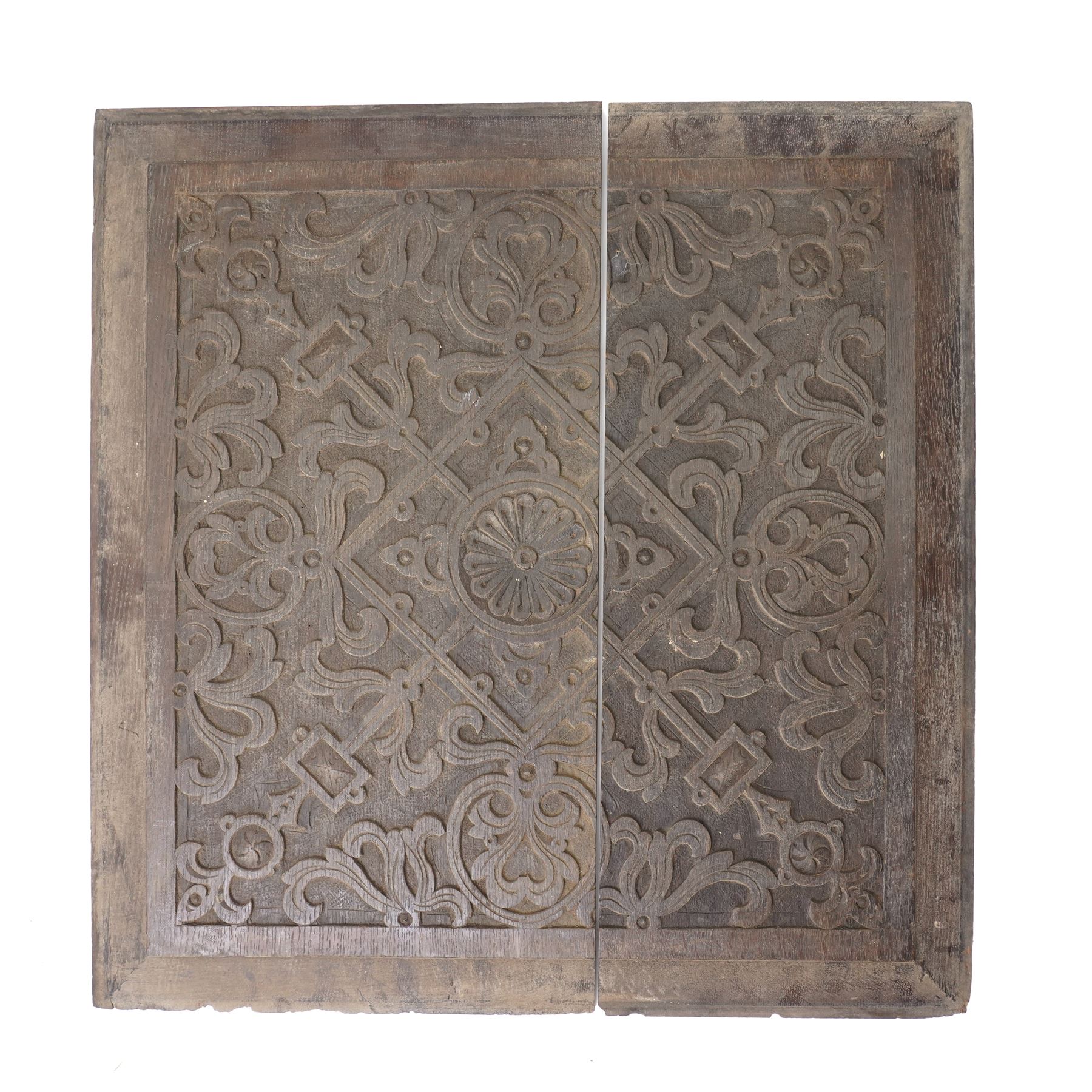 Pair of 18th/19th century oak strapwork panels, in four pieces, as whole pieces 60cm x 58cm 