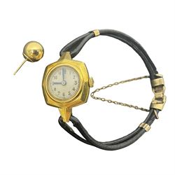 Ladies 18ct gold manual wind wristwatch, on leather rope strap, with Helvetica mark together with a single 18ct gold stud earring