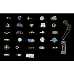 Twenty-eight silver and stone set silver rings, including cubic zirconia and blue topaz and a silver Mackintosh design pendant necklace, or stamped or hallmarked