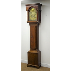  18th century oak longcase clock, 42.5cm arched brass dial signed Tempus Fugit, Green Richmond, mahogany cross banded door with fluted columns, eight day movement striking the hours on a bell, H217cm   