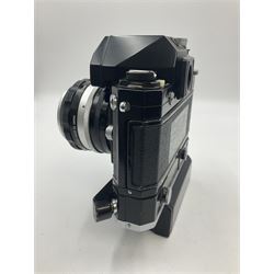 Nikon Photomic TN NKJ camera body, serial no 6728309, circa 1965, with 'Nippon Kogaku NIKKOR-S Auto 1:1.4 f=5.8cm' lens, serial no. 173909, Nikon F36 Motor Drive, serial no.132430 and Nikon cordless battery pack