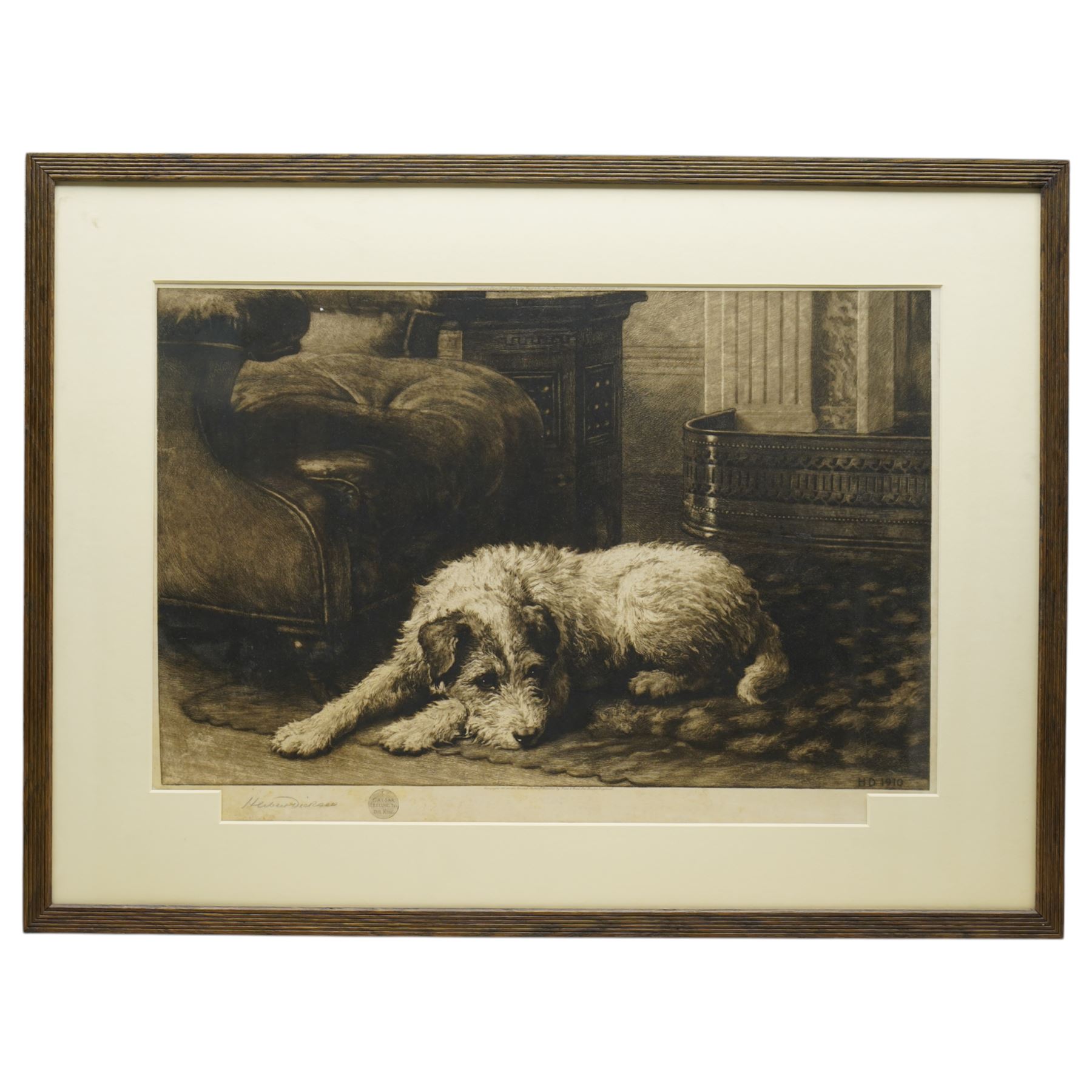 Herbert Thomas Dicksee (British 1862-1942): 'Where’s Master?', first edition artist's proof drypoint etching on vellum signed in pencil pub. Frost & Reed 1911, 39cm x 57cm
Notes: This etching depicts  King Edward VII’s favourite dog, Caesar; hence the etched tag in the margin inscribed 'I Belong to the King'. The Wire Fox Terrier waits for his master following the King’s death in 1910. 