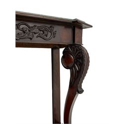 19th century Irish mahogany console table, with green canted marble top and figured frieze with carved scrolled foliage mount, acanthus carved cabriole supports with claw feet and shaped moulded plinth