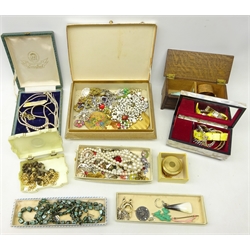  Collection of costume jewellery, mother-of-pearl musical jewellery box, compact, carved oak box with hinged lid and other similar items   
