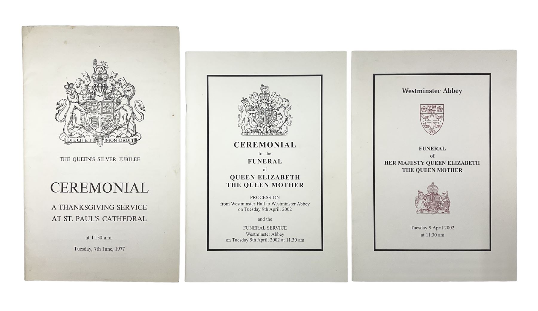 Queen's Silver Jubilee order of service for 'Ceremonial a thanks giving service at St Paul's Cathedral' and Westminster Abbey order of service for 'Funeral of Her Majesty Queen Elizabeth The Queen Mother'