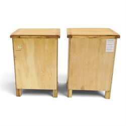 Pair of solid light oak bedside chests, rectangular top over three graduating drawers with metal handles and plates, on square feet