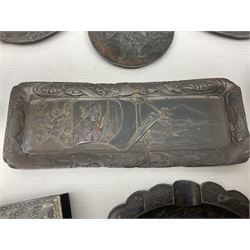 Brass sunfish ashtray, Chinese silver plated trinket box with mirror, bronzed matchbox cover and a collection of other Oriental bronzed embossed metal trays