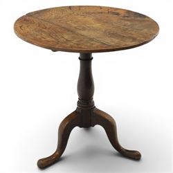 19th century elm tripod table, circular plank top construction tilt-top, raised on a turne...
