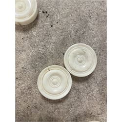 19th century walnut and brass bound games compendium box, painted to enhance the grain, of rectangular form, the hinged opening cover with rounded sides, central brass cartouche with engraved lion crest, and brass riveted straps, opening to reveal a red leather and blue silk lined compartmented interior, with fold-down games board, and lift-out tray containing playing cards, ebony turned dice towers, white and red stained bone draughts, and chess pieces, ivory dice, and ivory and ebony whist markers, and brass bezique board, cribbage board and markers, H15cm W32cm D24cm
This lot has been registered for sale under Section 10 of the APHA Ivory Act