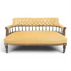 Late Victorian Aesthetic Movement settee, with buttoned upholstered roll-over back and arm...