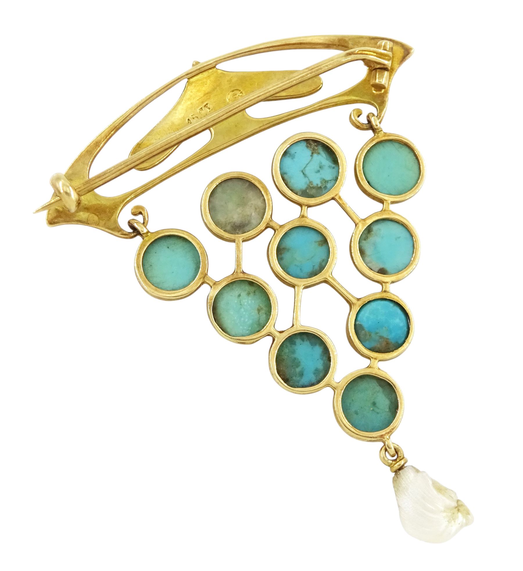 Murrle Bennett Art Nouveau gold turquoise and pearl brooch, stamped 15ct