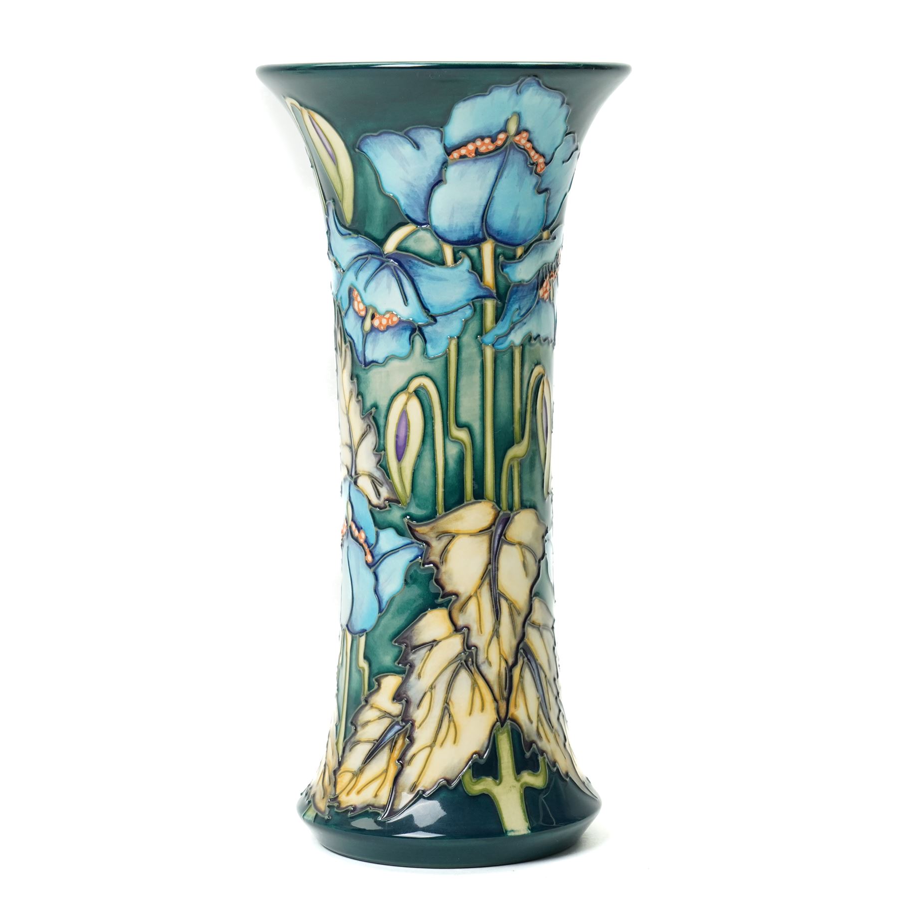 Moorcroft Blue Rhapsody pattern vase, of cylindrical form with flared neck, designed by Philip Gibson, a trial piece, with impressed and painted marks to base, with original box, H25cm