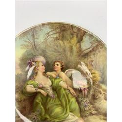 Late 19th century porcelain plate, hand painted by Frederick Sutton, depicting a female figure and putto within a wooded landscape, with recumbent sheep and brook to the fore, signed F N Sutton, unmarked verso, D22.5cm

Frederick Sutton was employed as a painter at the notable factories of Royal Worcester, Coalport, and Minton. 