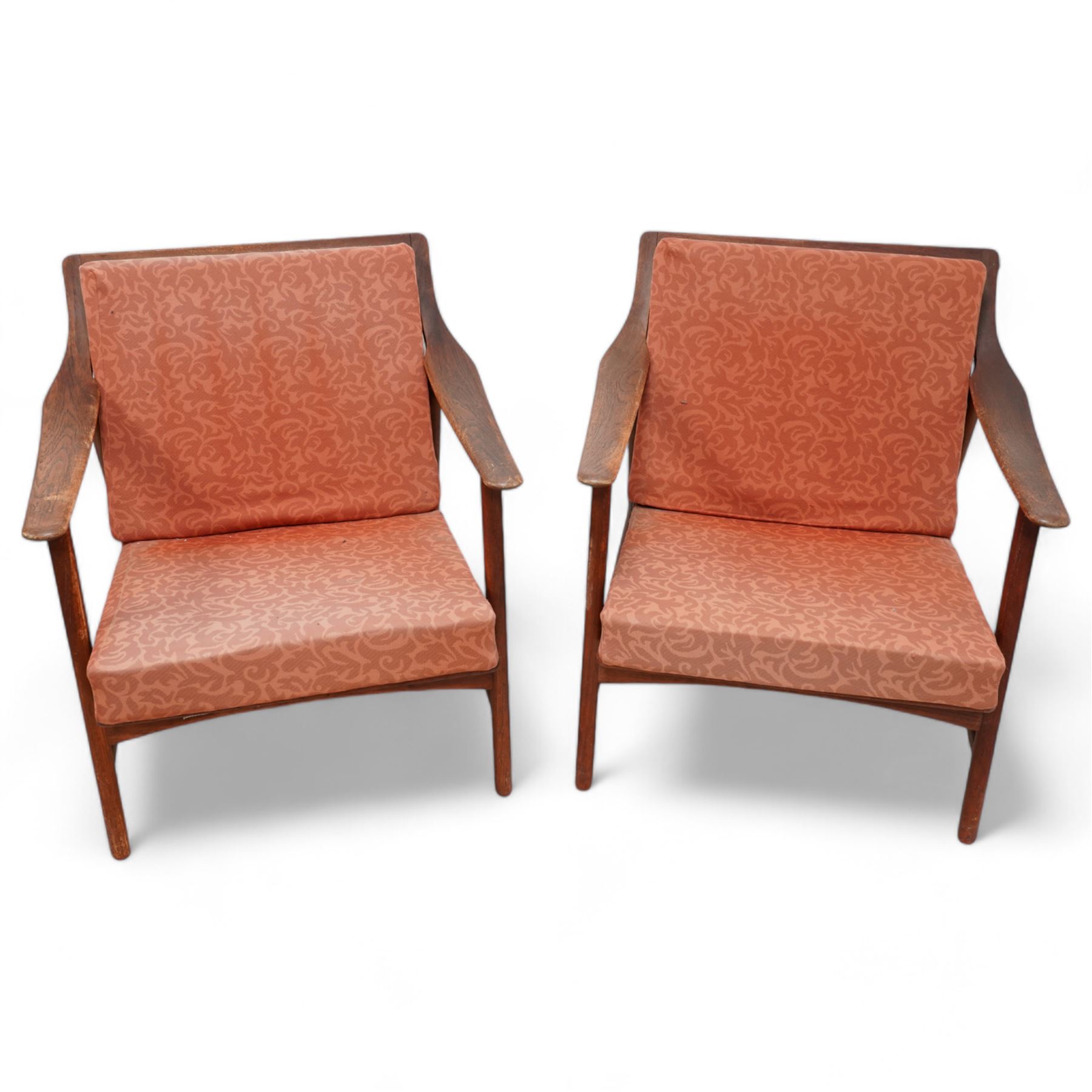  Arne Hovmand-Olsen (1919-1989) for Mogens Kold of Denmark - pair of mid-20th century teak open easy chairs, sprung loose cushions upholstered in loose foliate patterned burnt orange fabric, stamped to underside of chair
