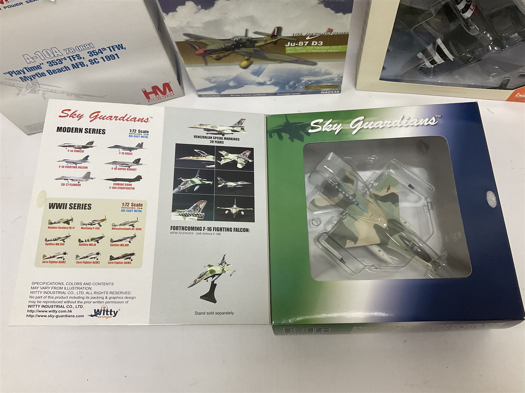 Nine 1:72 scale model aeroplanes comprising four ‘Sky Guardians’, F-16 Fighter Falcon, Sea Vixen FAW.2 899 Sqd XP924, Gloster Javelin FAW 9R 64 Sqd RAF XH766, and Sea Vixen F(AW) Mk2 XN694/305/BL No 892 Sqd RNAS Yeovilton; with three Hobby Master models, one Ixomodels model and one 72 Aviation model  (9)