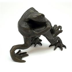 Bronze figure group, modelled as two frogs entangled in a brawl, with foundry mark, H10cm
