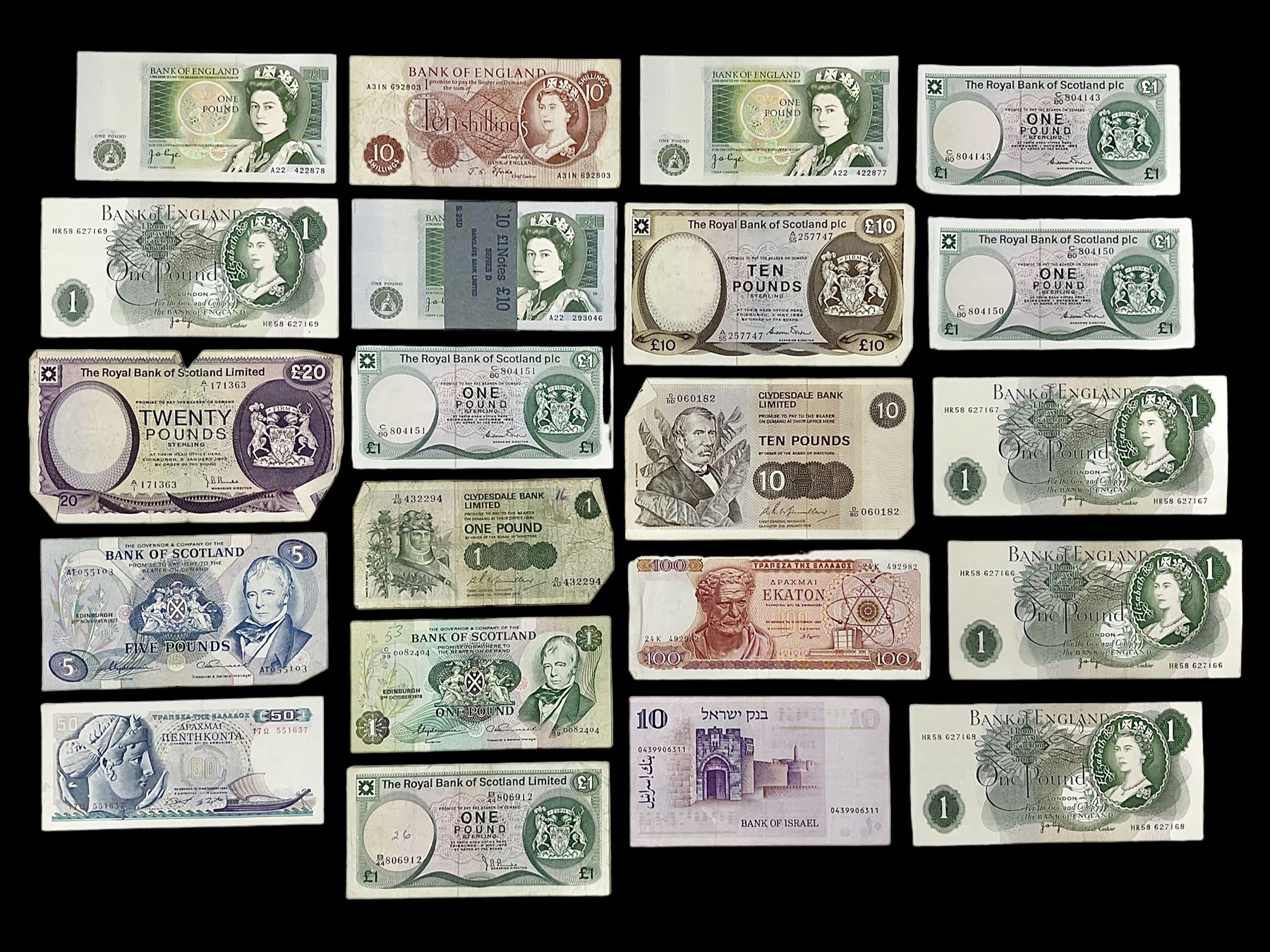 Banknotes including Bank of England Page Series D one pounds, other one pound notes, various The Royal Bank of Scotland Limited denominations, Clydesdale Bank Limited ten pounds 31st January 1979 ‘D/BD 060182’ etc 