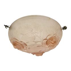 1930s pink frosted glass ceiling light shade, decorated with roses, D