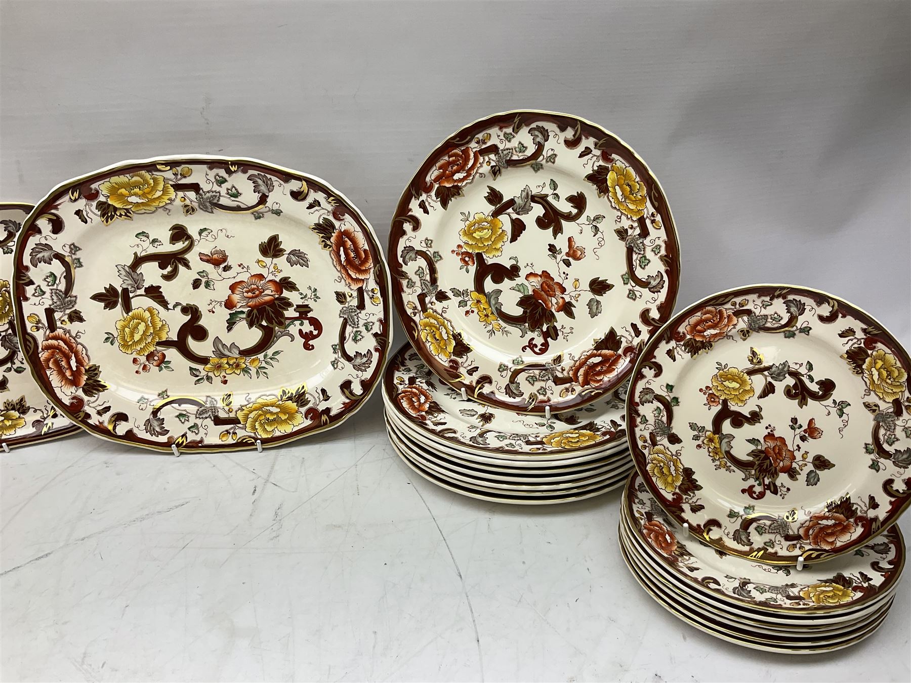 Masons Brown Velvet pattern tea and dinner wears, to include eight dinner plates, eight twin handled soup bowls and saucers, eight tea cups and saucers, cheese cover and plate, jug, meat platter etc (84)  