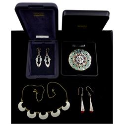Norwegian silver-gilt and white enamel link necklace, makers mark W.K stamped 925S Norway, silver and enamel brooch and pair of earrings both by Ortak, boxed and a pair of silver amber earrings 