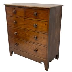 19th century mahogany and pine chest, moulded rectangular top over two short and three long drawers, on shaped apron with bracket feet