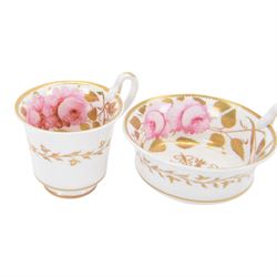 Minton trio, coffee cup, teacup and saucer, circa 1824, moulded ribbed detail, distinctive 'N' handle, painted in pattern no 139, with floral sprays and lilac blue band, coffee cup including handle H8cm, saucer D14cm, together with a Spode trio, coffee cup, teacup and saucer, circa 1830, decorated in the 3886 pattern, painted with pink cabbage roses and heightened with gilt, coffee cup including handle H8cm, saucer D15cm