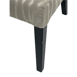 India Jane Interiors - two French design oak side chairs, moulded frame with cameo back, on turned and fluted supports; single side chair with curved back upholstered in shimmer silver fabric, on ebonised supports (3) - ex-display/bankruptcy stock 