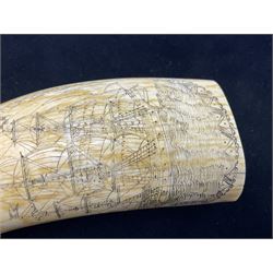 19th century scrimshaw sperm whale tooth from the whaler 'Dove' initialled J.A, Notes, Dove was a Union whaling boat, built at Newbury. Tt was scuttled as part of the Second Stone Fleet on January 25th-26th, 1862, in an attempt to block Charleston Harbor. The captain of the Dove was Captain James Wells Green Port. There were five members of the crew had the initials J.A, any of which could have created the scrimshaw.