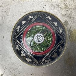 Early 20th century silver plated cigarette box, of rectangular form, the hinged cover with circular, black red and green floral and foliate enamel roundel to centre and engraved S.S. Duchess of Bedford, with softwood interior, H5cm, W10.5cm